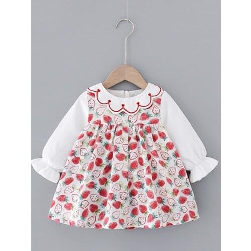 2020 Spring Girls Strawberry High Waist Tutu Long Sleeve Dress Sweet Petal Collar Flower Print Dress Cotton Princess Dress