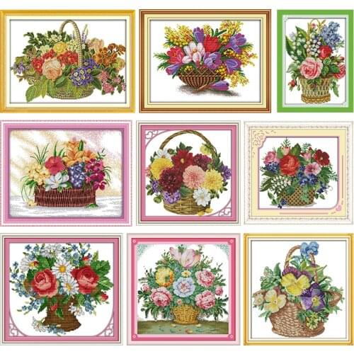 Cross-Stitch Embroidery Needlework Blooming Flower In Basket Stamped Pattern Handmade Kits 11CT 14CT Print Counted Fabric Thread