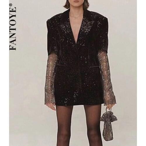 FANTOYE Diamonds Shiny Patchwork Women Blazer Coats Fashion Long Sleeve Rhinestone Pockets Blazer Suits Sexy Clubwear 2021 New