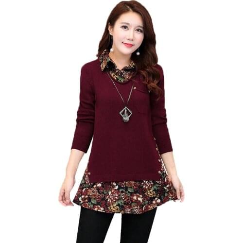 Autumn Winter New Women knit Sweater Pullover splice Floral shirt Female Mid-length Fake two Long sleeve Knit Sweater Tops T355