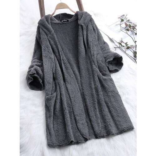 Winter Warm Fleece Coat Casual Loose Long Woman Coats Fashion Hooded Long Sleeve Open Stitch Female Coats