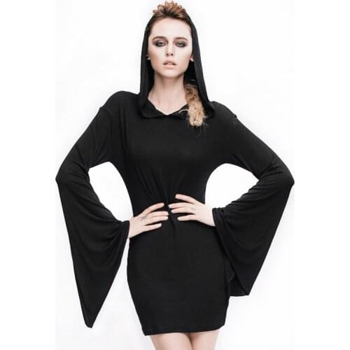 Steampunk Womens Casual Dress Batwing Sleeve Gothic Hooded Dress Female Long Sleeve A-line Mini Dresses Cheap-clothes-china