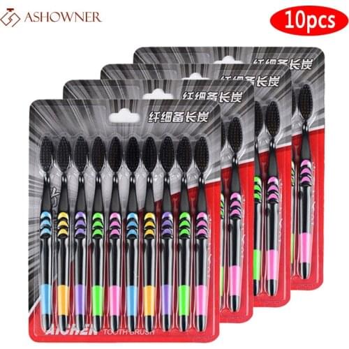 10pcs Toothbrush Soft Bristle Adult Bamboo Charcoal Household Fine Wool Toothbrush Antibacterial for Family Men and Women