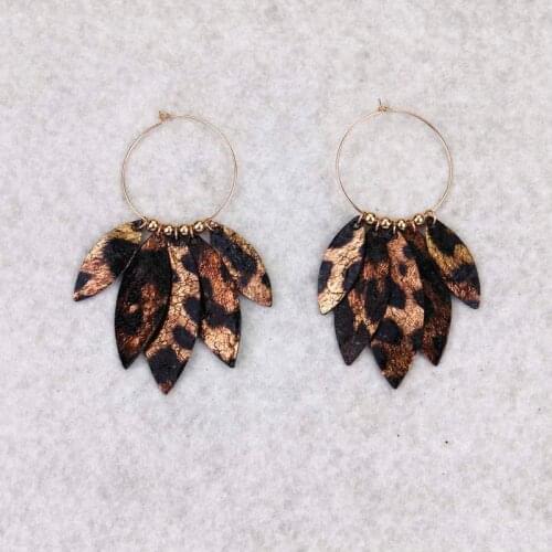 ZWPON Genuine Leather Leaf Fringe Hoop Earrings Leather Jewelry Wholesale