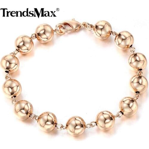 10MM 585 Rose Gold Round Bead Chain Bracelet Lobster Clasp Bracelet Bangle for Women Girl Jewelry Gift 20cm CB24