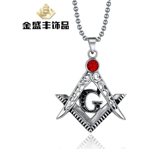 10pcs/lot Freemason G Logo Pendant Necklace With Red Crystal Inlaid Titaniuml Masonic Necklace Free Mason Jewelry Mens Jewelry
