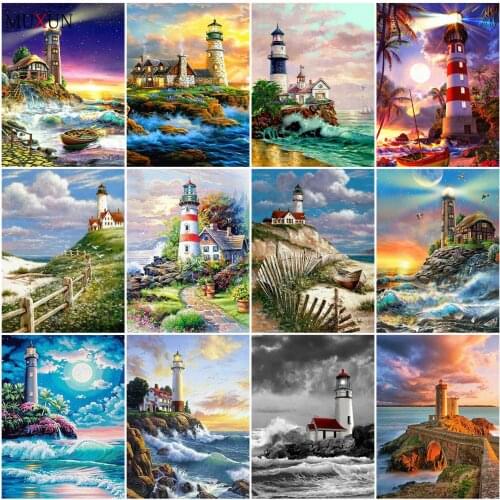 Muxun 5d Diy Diamond Painting Lighthouse Square/Round Diamond Embroidered Mosaic Landscape Beach Decoration Home Gifts Handmade