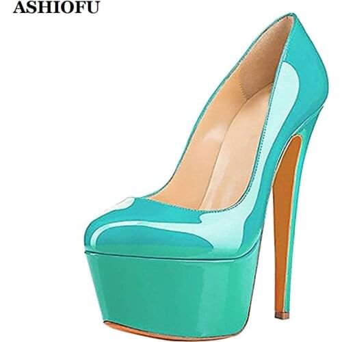 ASHIOFU Handmade Womens High Heel Pumps Patent Leather Office-lady Party Dress Shoes Sexy Platform Shine Evening Fashion Shoes