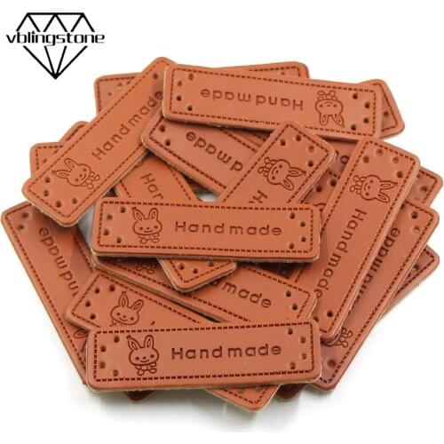 50Pcs Wholesale Rabbit Handmade Tags Faux PU Leather Label Cartoon Hand Made Knitting Labels Garment Sewing Supplies For Cloth
