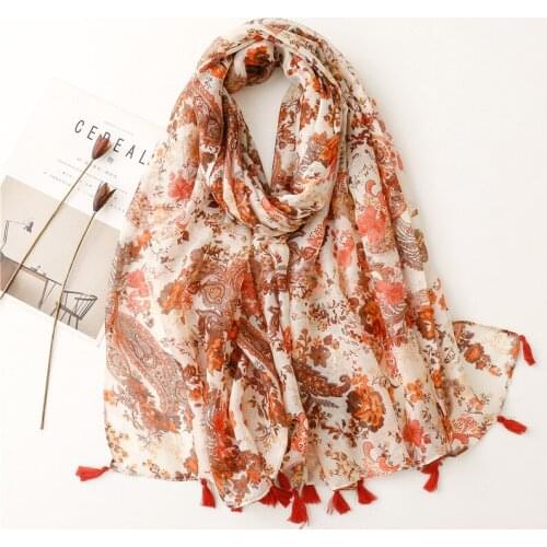Designer Spring Women Scarf Hijabs Floral Printed Thin Beige High Quality Muslim Head Wraps