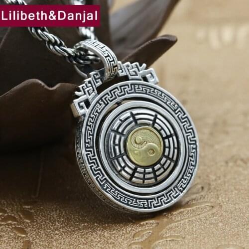 Ethnic Tai Chi Pendant 100% Real 925 Sterling silver fine Jewelry for Men Women Can Rotate lucky Round Necklace Pendant 2018 P64