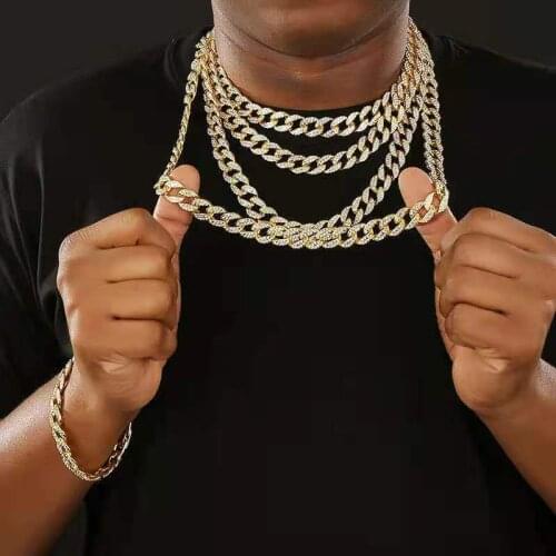 Hip Hop Iced Out Paved Rhinestones 2pcs One Set Miami Curb Cuban Chain CZ Bling Rapper Necklaces with Bracelets for Mens Jewelry