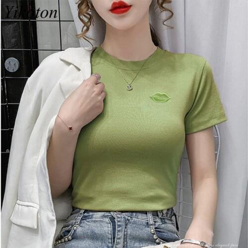 Cotton Summer Womens Clothing Top Women T-shirts Short Sleeve Lips Embroidery Woman T-shirts Basic Tops Female 2021 Tee Shirts