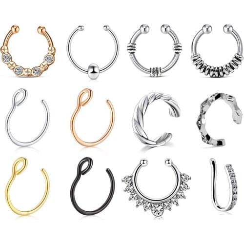 Fake Nose Rings Hoop Clip On Nose Septum Ring Faux Non-Pierced Nose Lip Rings Earrings Jewelry