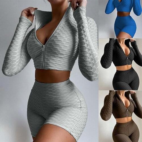 Fashion Sportswear Solid Color Pineapple Grid Summer Long Sleeve Zipper Coat Bra Shorts Set Yoga Sports Clothes Tracksuit