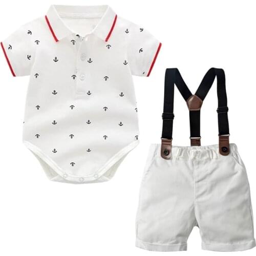 Baby Boy Summer Suit Gentleman Cotton Jumpsuit Printed Rompers + White Shorts With Belt Children Outfits Set
