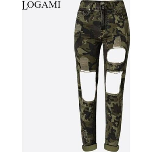 LOGAMI Camouflage High Waist Ripped Boyfriend Jeans For Women Army Green Skinny Jeans Woman Hole Camo Pencil Pants