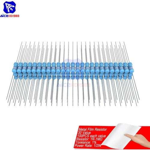 100PCS/Lot Metal Film Resistor 1% 1/2W 0.5W 1R-1MΩ 1R 4.7R 10R 100R 220R 1K 2.2K 4.7K 10K 22K 47K 100K 470K 1MΩ Ohm Resistance