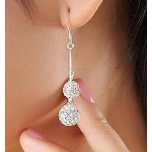 Fashion Beautiful Rhinestones Inlaid Double-ball Shaped Earring Color Silver Plated