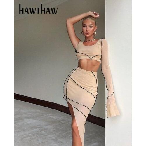 Hawthaw Fashion Autumn Women Long Sleeve Crop Tops Package Hip Mini Short Skirt Mesh Two Piece Sets Clothes Suit 2020 Fall