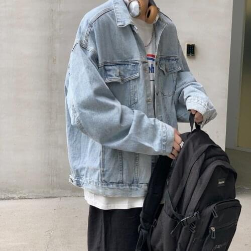 Denim jacket men and women spring neutral loose oversized couples tooling jacket Korean casual jacket