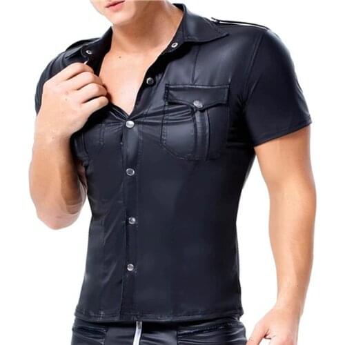 Mens T-shirts PU Leather Button Turn-down Collar Short Sleeve Shirts Party Clubwear Streetwear Male Black Tops Tee Plus Size 3XL