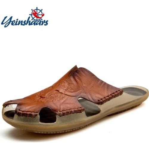 YEINSHAARS New Quality Leather Non-slip Slippers Men Beach Sandals Comfortable Summer Shoes Men Sics Men Flip Flops