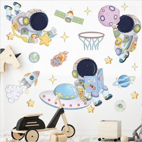 Space Astronaut Wall Sticker For Boys Room Kids Bedroom Decoration Kindergarten Wallpaper Decal DIY Self Adhesive Cartoon Mural