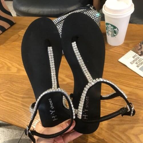 2021 Korean Style New Fashion Rhinestone Flip Toe Outdoor Sandals Womens Flat Roman Style Shoes