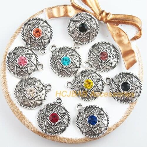 10 New Round Charms Tibetan Silver Tone Retro Mixed Crystal Pendants 22x26.5mm
