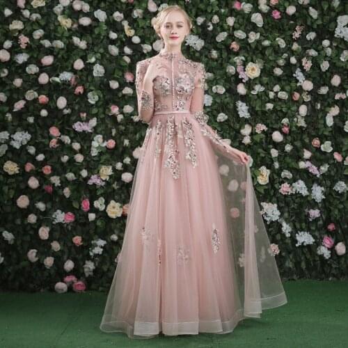 Evening Dress Pink Long Sleeves Floral Print Lace Up A-line Floor Length Party Gown Evening Gowns Prom Dresses