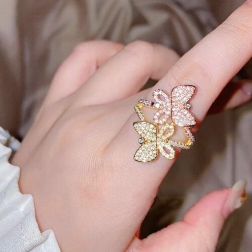 Cute Two Tone 925 Sterling Silver Double Butterfly Rings for Women Bling Zircon Luxury Silver Resizable Opening Rings Jewelry