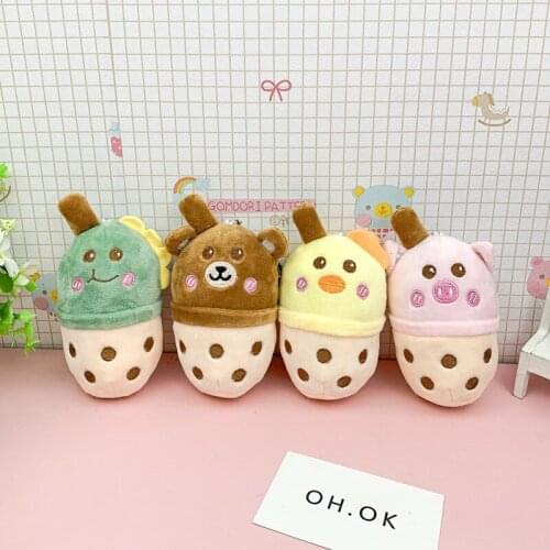 Stylish Exquisite Cute net red creative keychain dinosaur chick milk tea cup shape plush pendant Soothing doll christmase gift