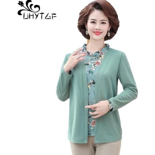 UHYTGF Spring Autumn T-Shirt Womens Fashion Fake Two-Piece Pullover Elegant Mother Clothes Soft Comfortable Plus Size Tops 1975