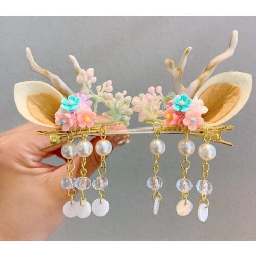 2Pcs Chinese tradditonal style hanfu Christmas Deer Antlers Hair Clips Flowers Girls Women Hairpins with tassel Hair Accessories