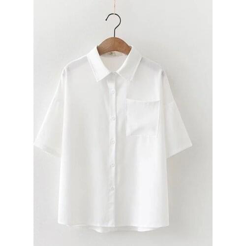 Women Blouse Shirt Short Sleeve Solid Turndown Collar White Tops Summer 2021 Girls/Boys Clothes JK Uniform Classic Basic Shirt