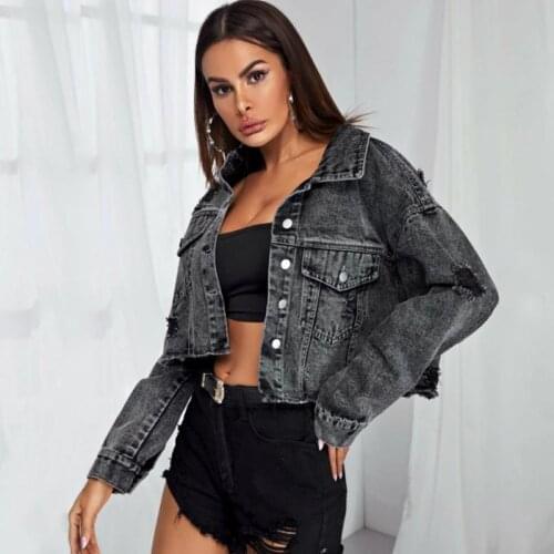 European And American Womens Autumn Winter New Denim Jacket Fashion Raw Edge Ripped Denim Short Jacket Lapel Denim jacket