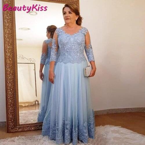 Plus Size Mother Of The Bride Dress For Wedding Party Blue Lace Tulle 3/4 Long Sleeve Ladies Formal Evening Party Prom Gowns
