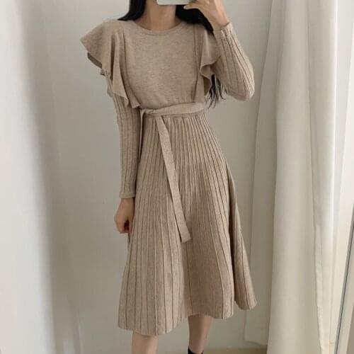 Dresses Vestido Mujer Temperament Slim O Neck Ruffled Pleated Knitting Dress Belt Long Sleeve Autumn Winter Clothes Sweater