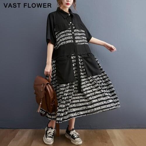 Letter Print Pocket Vintage Shirt Dress Women New Black Korean Fashion Short Sleeve Loose Fit Casual Long Dress Summer 2021