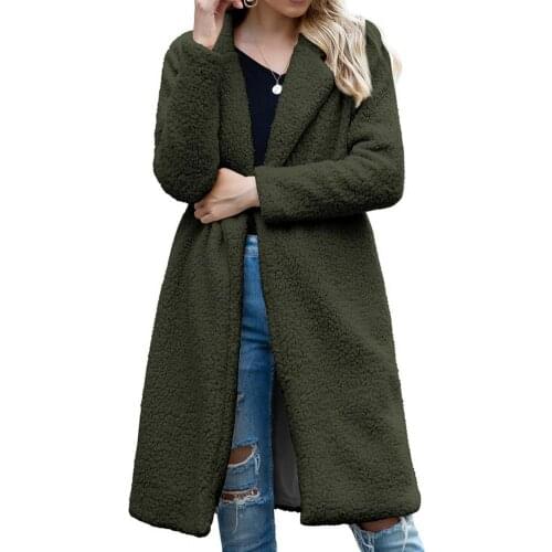 Women Winter Faux Fleece Long Sleeve Lapel Warm Coat Jacket Open Front Overcoat