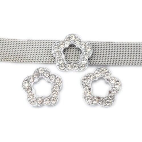 10mm Silver Crystal Flowers Slide Charms Flat Hole Metal Beads Keeper Fit 10mm Stainless Steel Mesh Bracelets DIY Jewelry Making