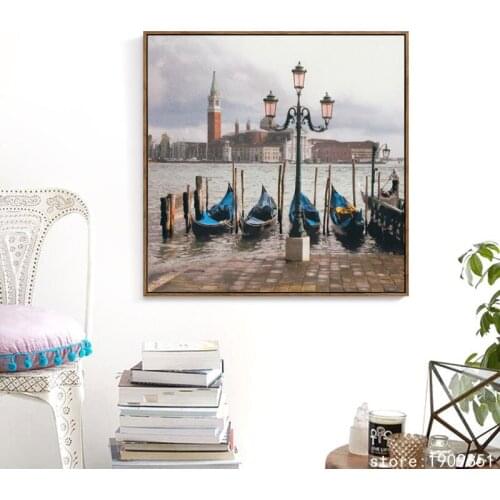 No frame Mediterranean blue boat city landscape canvas printings oil painting printed on cotton wall art decoration pictures