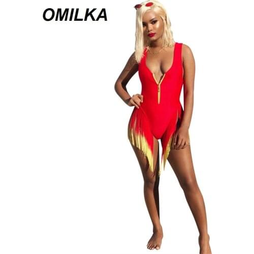 OMILKA Gradient Tassel Bodysuit 2019 Summer Women Sleeveless Deep V Neck Front Zipper One Piece Skinny Beach Rompers Jumpsuits