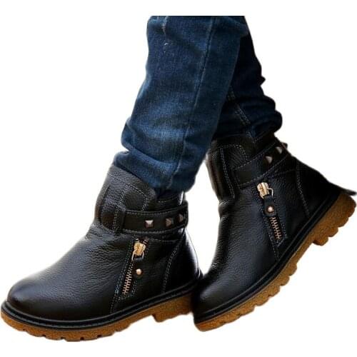 Children Shoes Outdoor Fashion Genuine Leather Waterproof Boys Matin Boots Male Child Winter Snow Boots With Plush