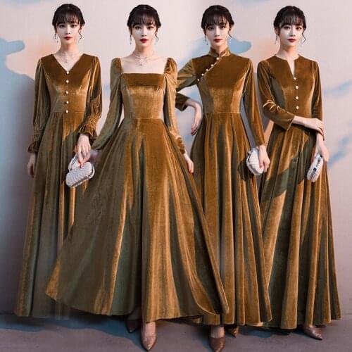 Bridesmaids Dress V-Neck Three Quarter Floor-Length A-Line Luxury BrownThree Quarter Jersey Vintage Lady Wedding Party Gown E426