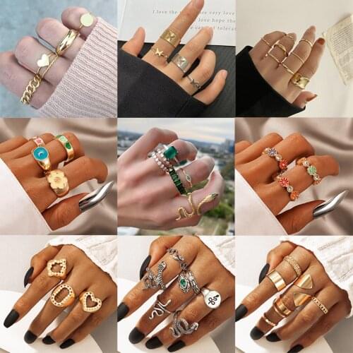 Docona Bohe Star Moon Flower Colorful Rings for Women Pearl Crystal Butterfly Snake Geometry Enamel Finger Ring Set Jewelry