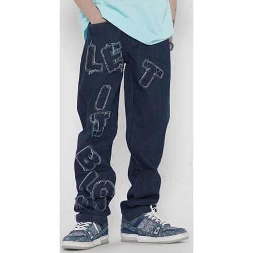 High Street Letter Embroidery Frayed Fringe Jeans Mens Washed Oversize Casual Denim Trousers Straight Loose Baggy Jean Pants