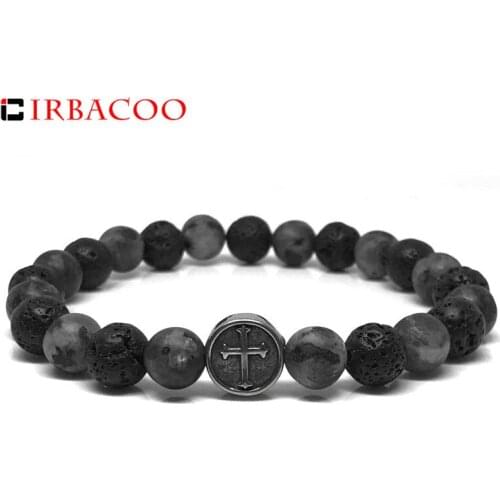 IRBACOO 2020 Fashion Men Bracelet Stainlee steel Vintage Cross Charm Lava Stone Matte Gray Stone Beaded Bracelet For Men