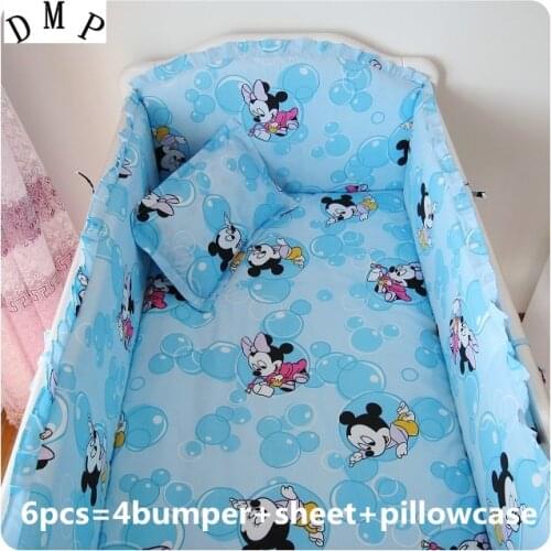 6PCS Cartoon Baby Bedding Set Health Cotton Bumper paracolpi lettino Baby Cot Sets Baby Bed (4bumpers+sheet+pillow cover)